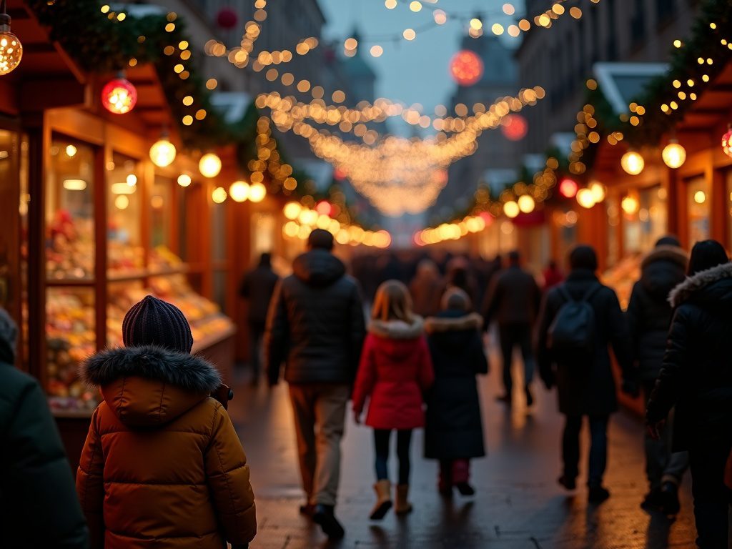 Familie besucht abends den festlich beleuchteten Weihnachtsmarkt in Glasgow