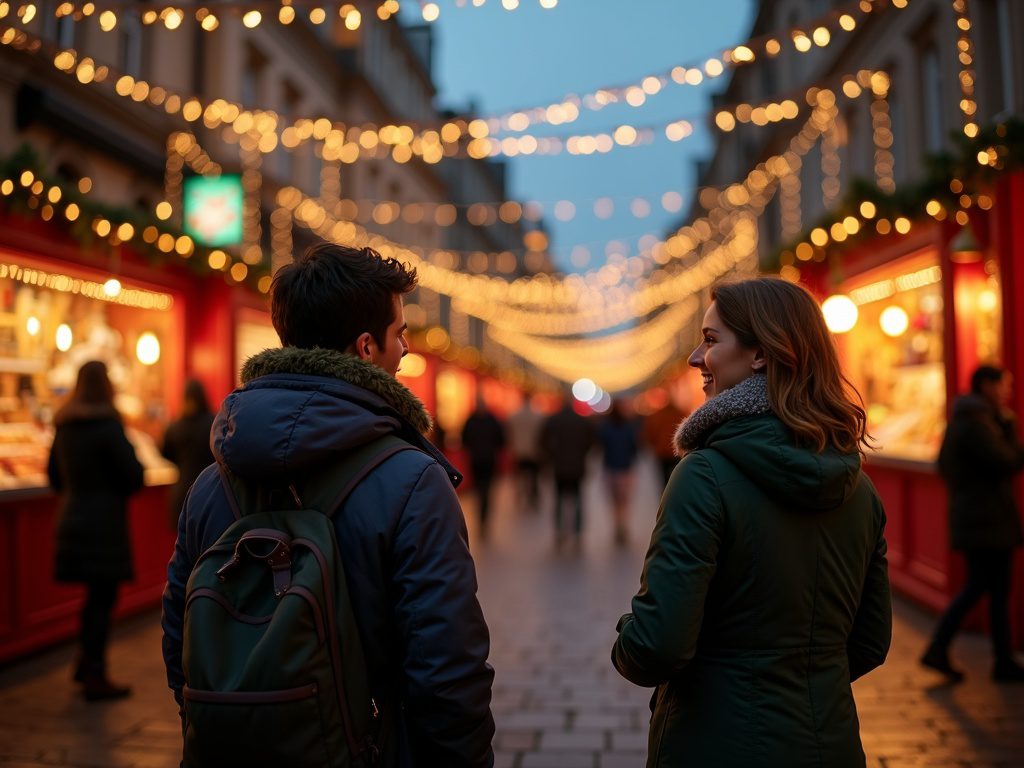 Familie besucht abends den festlich beleuchteten Weihnachtsmarkt in Glasgow