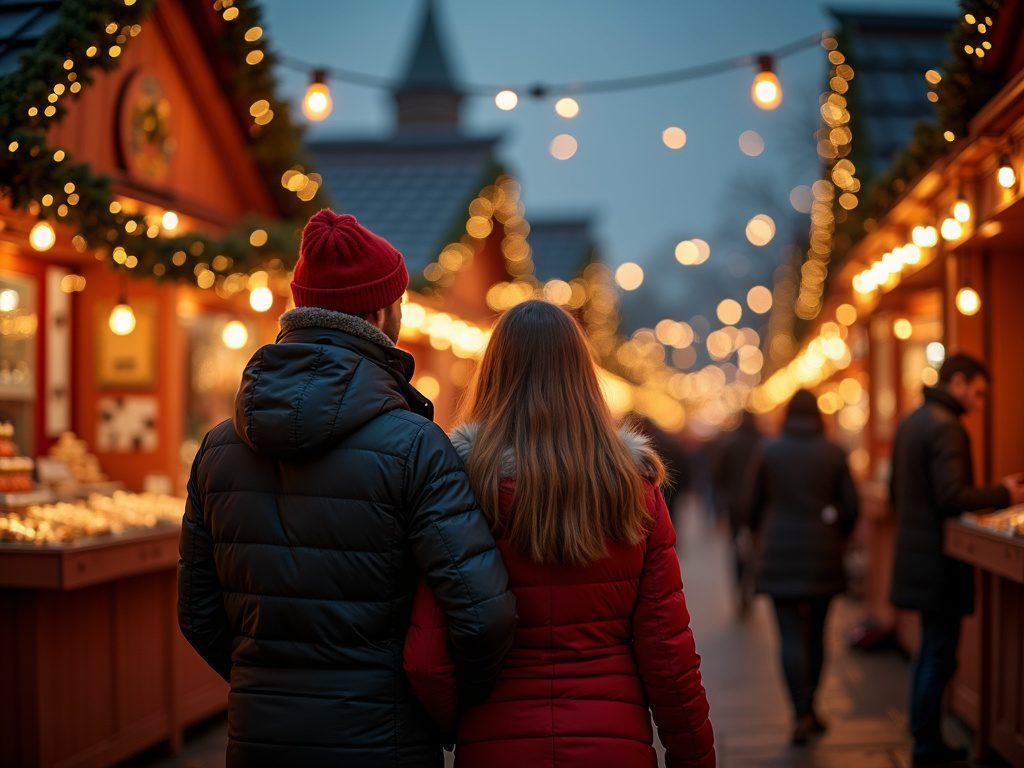 Familie besucht britischen Weihnachtsmarkt mit festlicher Beleuchtung und nutzt die Family Railcard zum Sparen