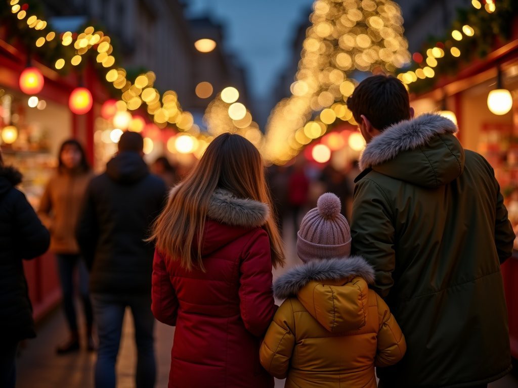 Familie besucht festlich beleuchteten Weihnachtsmarkt in Großbritannien am Abend