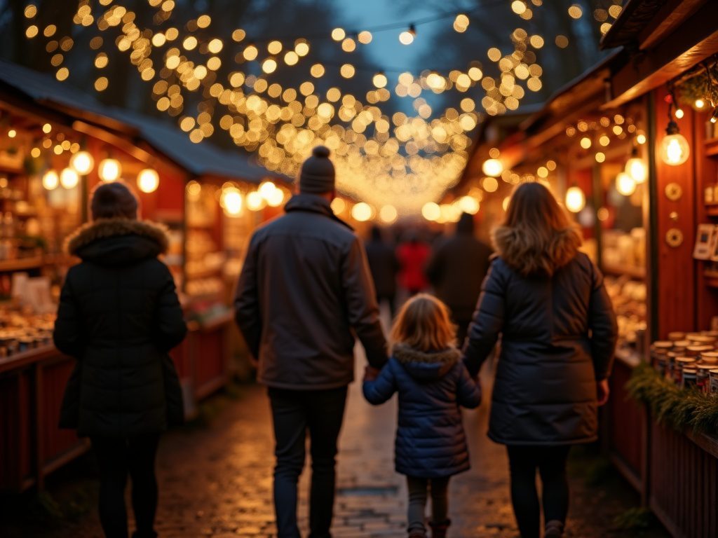Familie besucht britischen Weihnachtsmarkt mit festlicher Beleuchtung am Abend