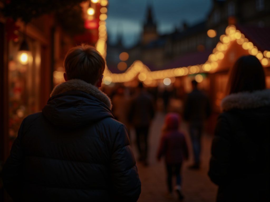 Familie besucht abends einen festlich beleuchteten Weihnachtsmarkt im Vereinigten Königreich
