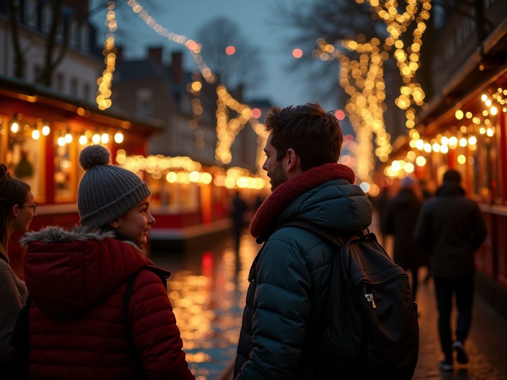 Familie genießt festlich beleuchteten Weihnachtsmarkt im UK mit Lichtern und Verkaufsständen
