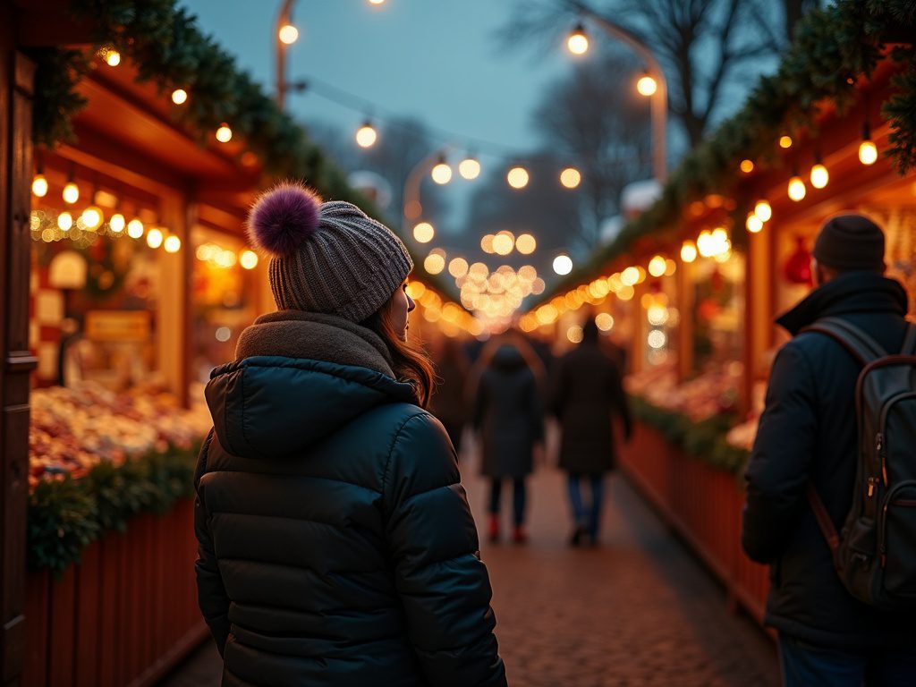 Familie genießt festlich beleuchteten Weihnachtsmarkt im Hyde Park London bei Nacht