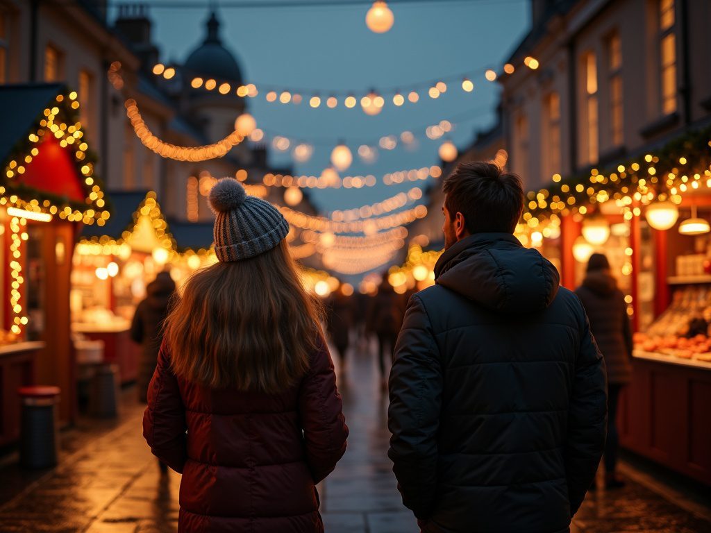 Familie auf britischem Weihnachtsmarkt mit festlicher Beleuchtung und Dekoration am Abend