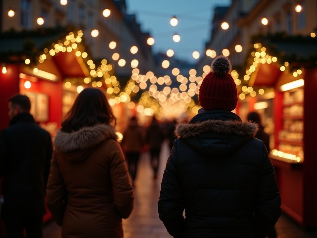 Eine Familie besucht abends einen britischen Weihnachtsmarkt mit Lichtern in Rot, Grün und Gold