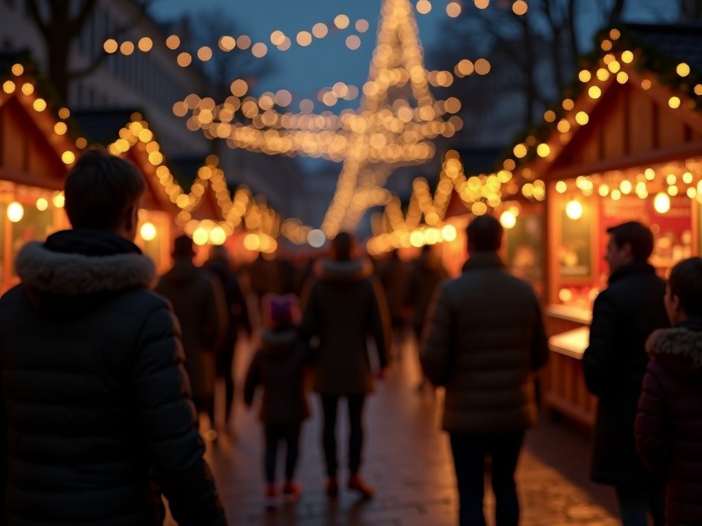 Familie besucht festlich beleuchteten britischen Weihnachtsmarkt am Abend